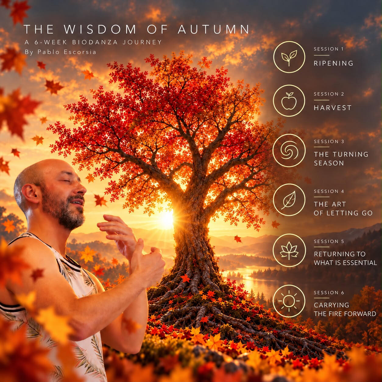La sabiduría del otoño: recorrido de seis sesiones de Biodanza con Pablo Escorcia, ilustrado con un árbol otoñal y los seis temas del ciclo